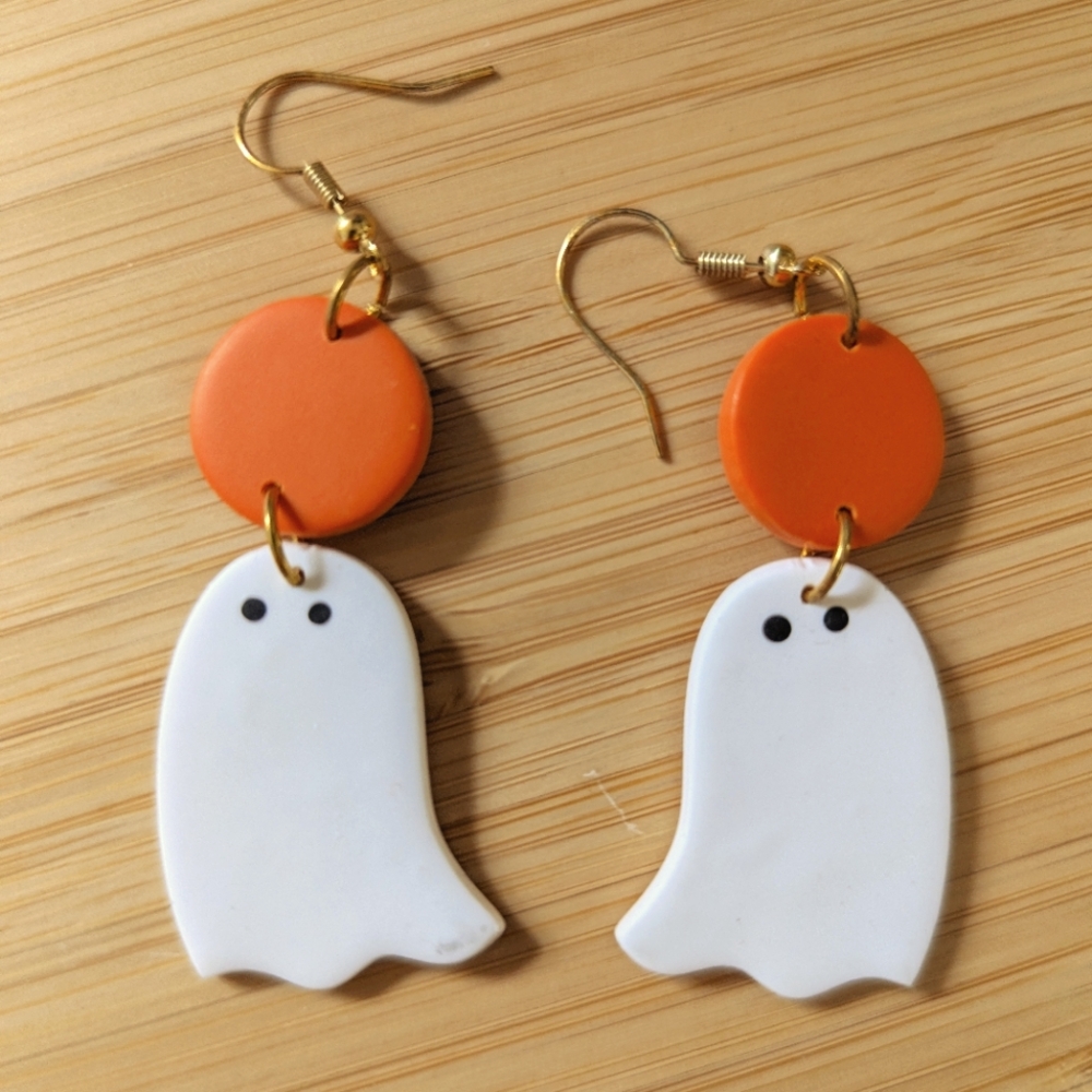 Ghost and Orange Circle Earrings Dangly